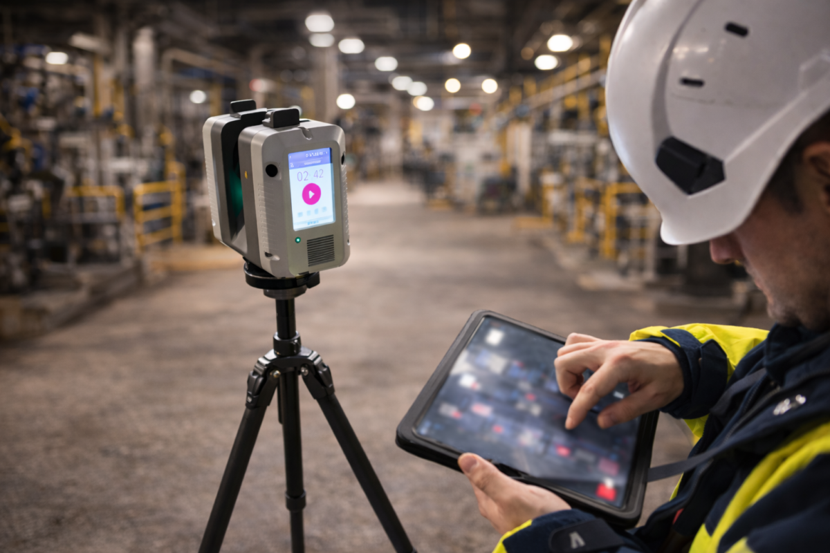 3D-Laserscanning in einer Industriehalle – Mitarbeiter kontrolliert Bestandsaufnahme mit Tablet und terrestrischem Laserscanner